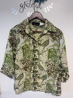 Green Floral Paisley Button-Up Blouse